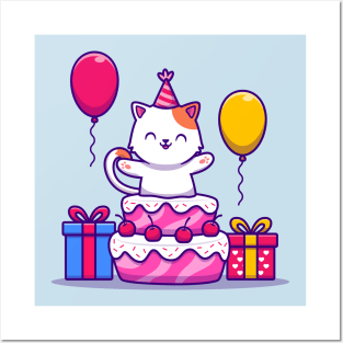 Cute Cat Birthday Party With Cake, Gift And Balloon Posters and Art